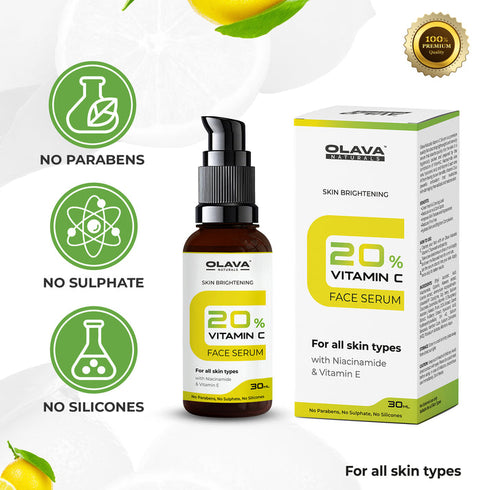 Olava Naturals Vitamin C Serum - 20% Vitamin C Face Serum - Skin Brightening Vit C Serum for Men & Women - Non Irritating - 30ml